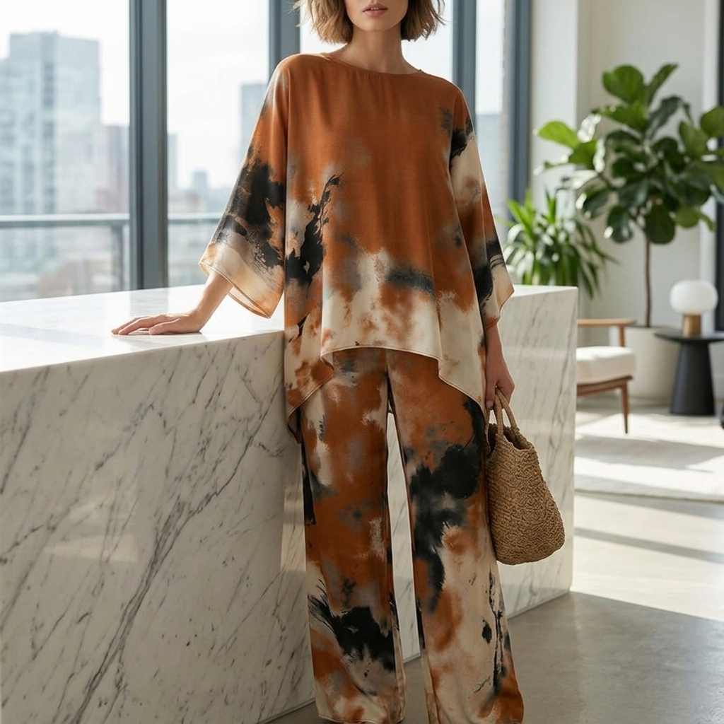 Aterra – Artistic Watercolor Tunic and Wide Leg Pants Set