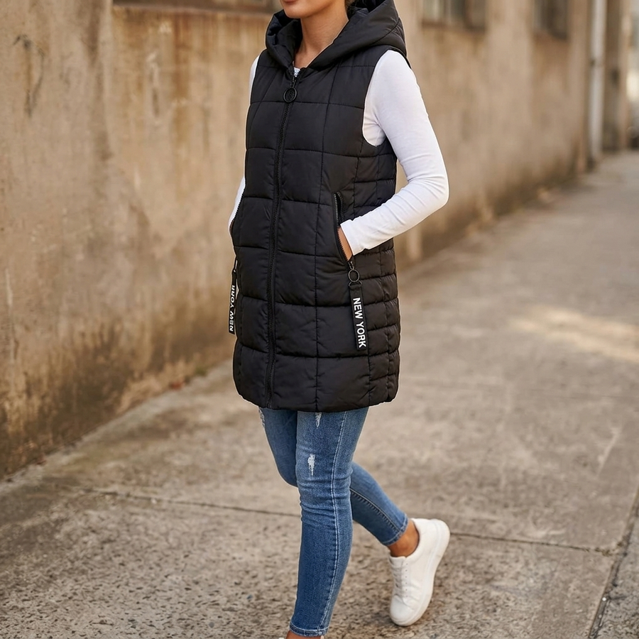 Covara – Long Quilted Puffer Vest with Hood