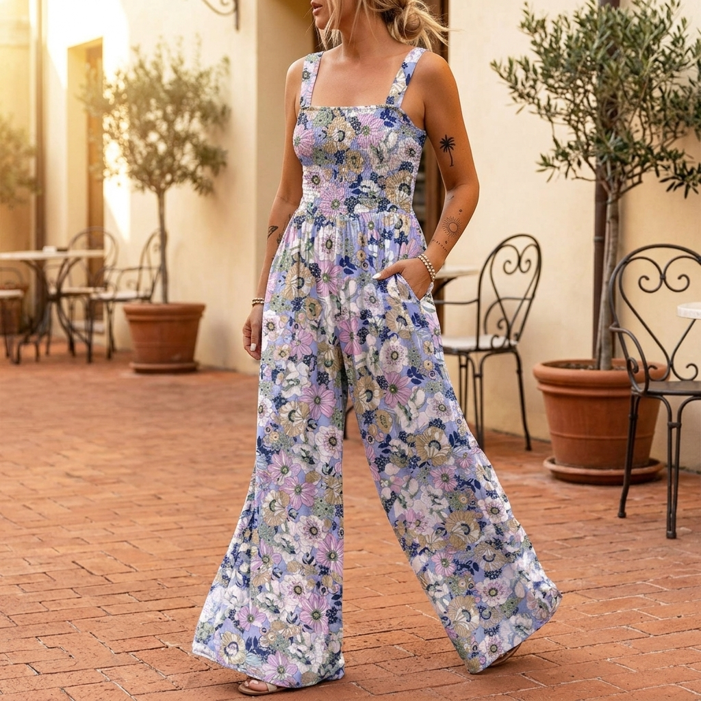 Bloomara – Floral Wide-Leg Jumpsuit with Pockets