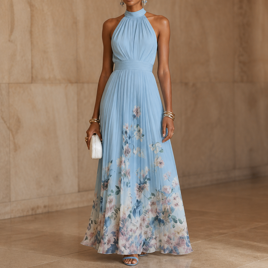 Corima – Halter Bow-Back Pleated Maxi Dress