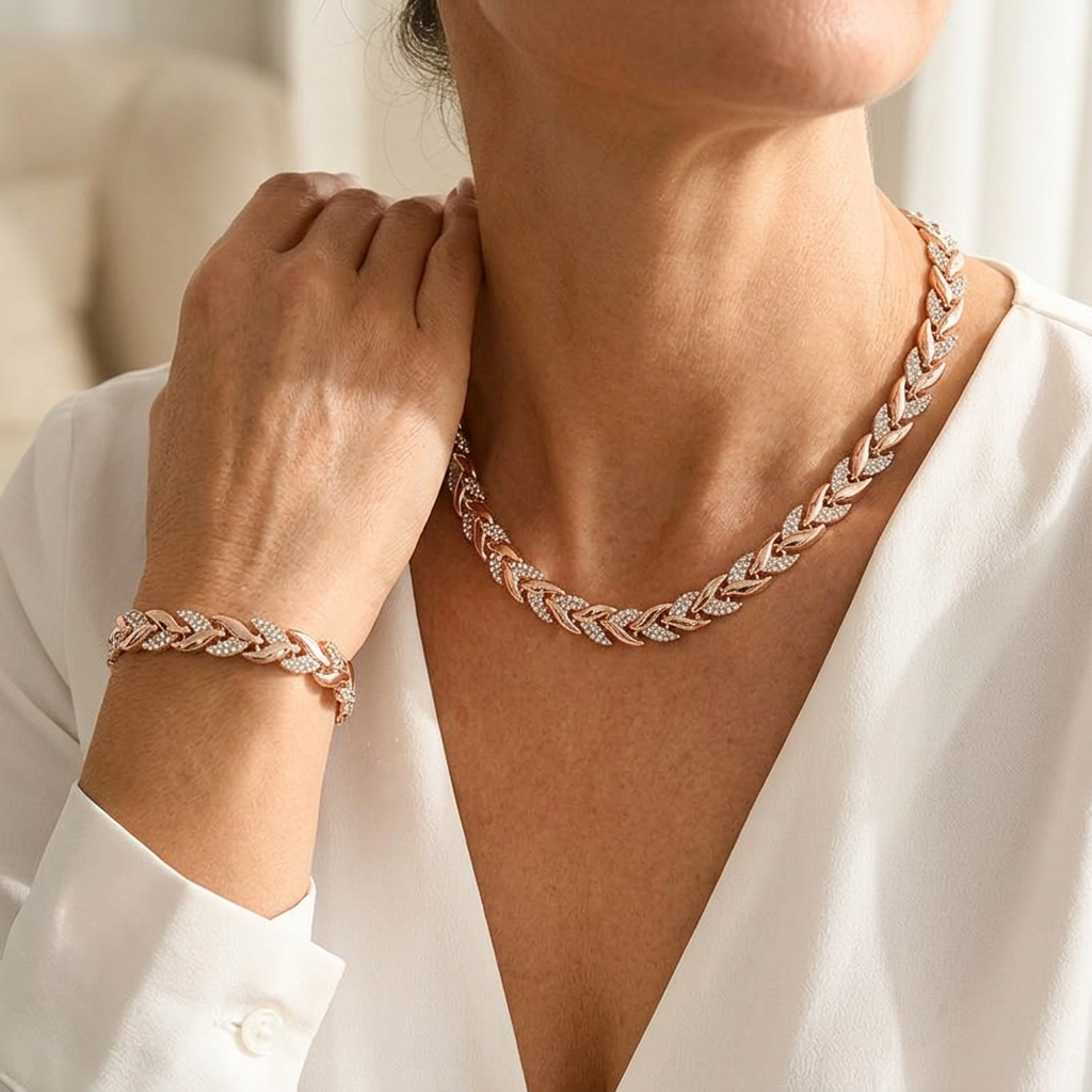 Levara - Sparkling Leaf Link Necklace and Bracelet Set