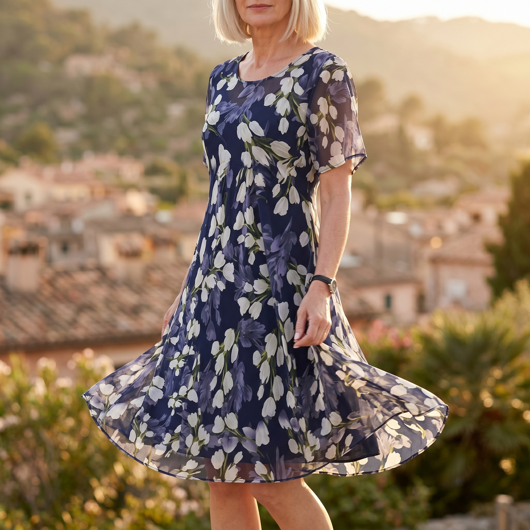Florenza – Women's Elegant Navy Floral Midi Dress