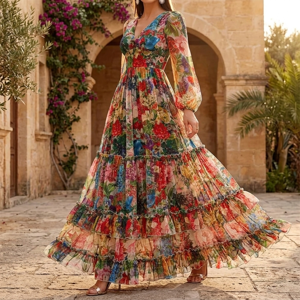 Floressa – Women's Tiered Floral Maxi Dress with Lantern Sleeves