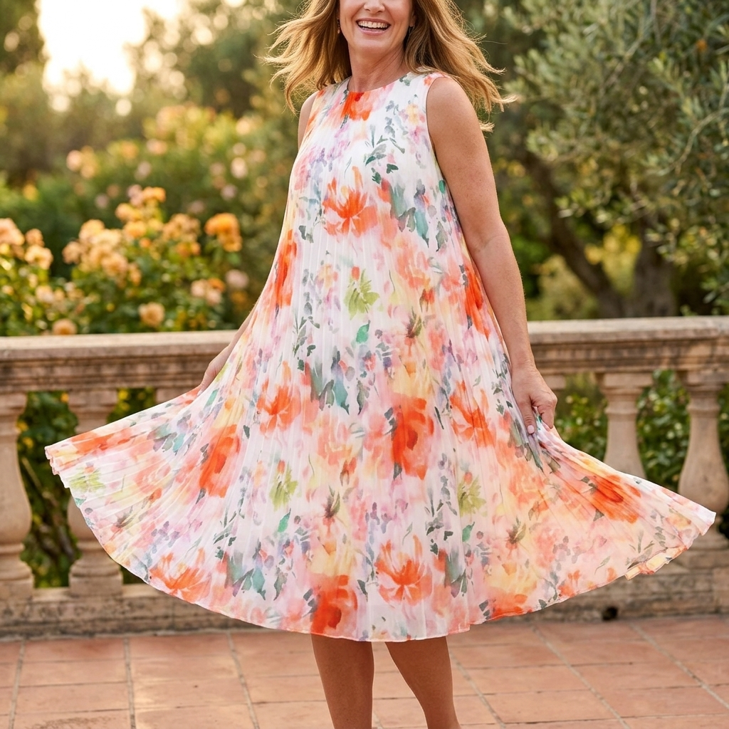 Floressa – Women's Watercolor Floral Pleated Midi Dress