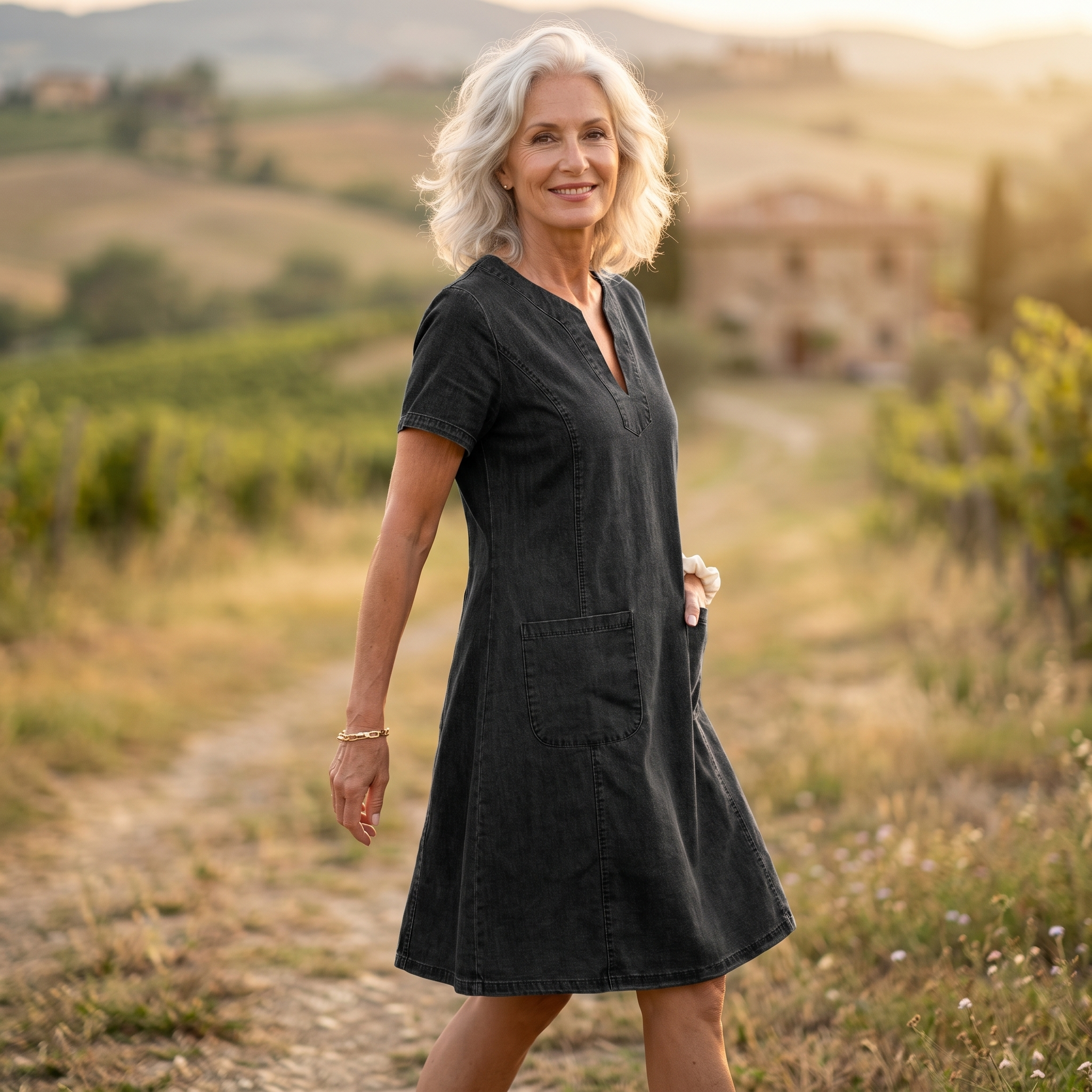 Aurelene – Women's V-Neck Denim Dress with Pockets