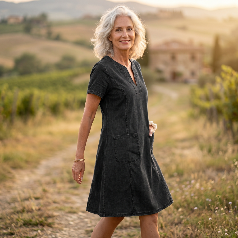Aurelene – Women's V-Neck Denim Dress with Pockets