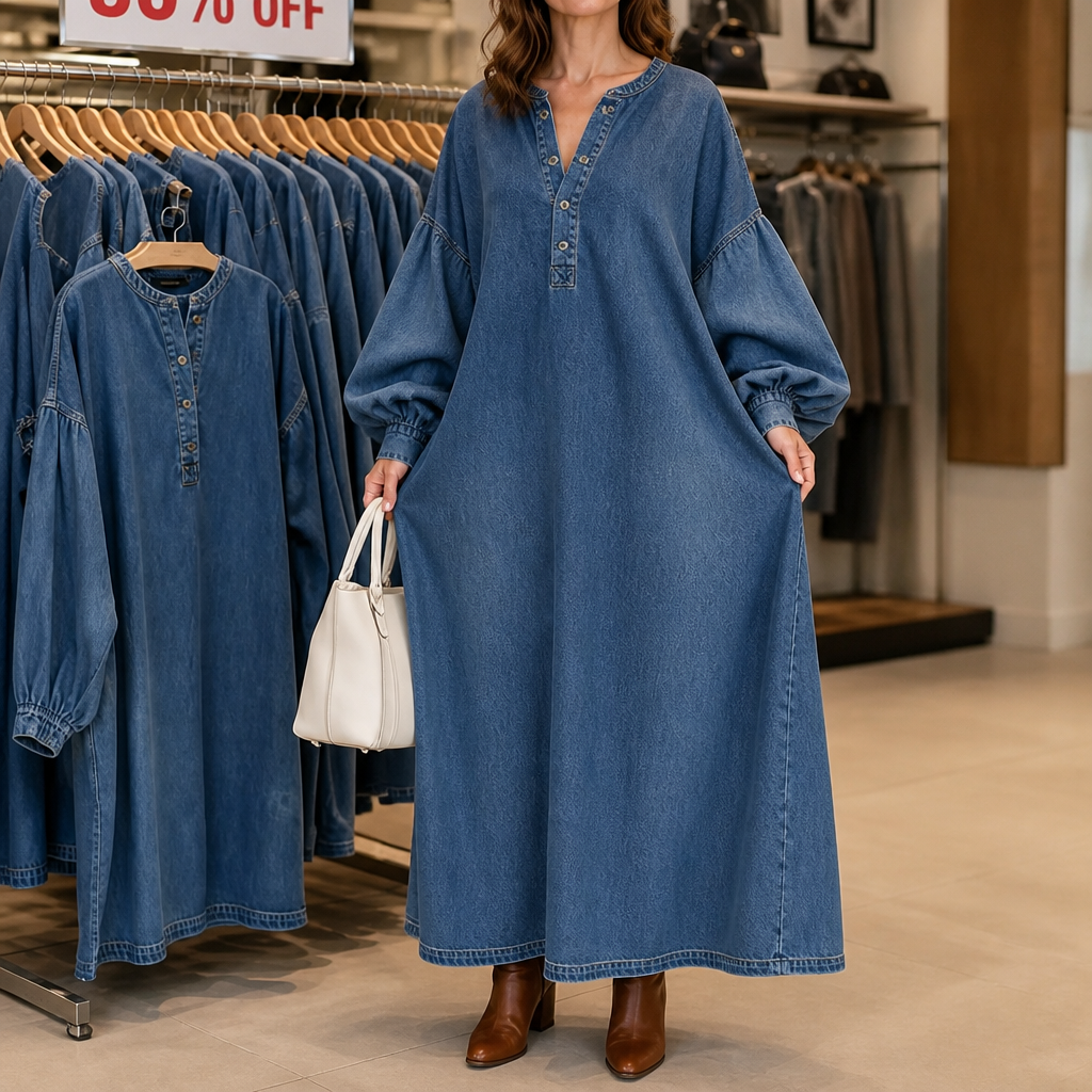 Denara – Lantern Sleeve Half-Button Denim Maxi Dress