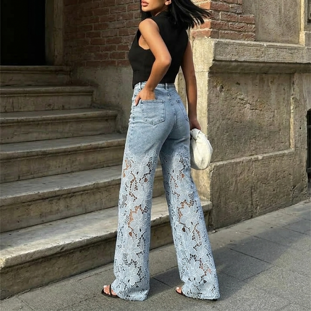 Laceveil – Women's Floral Lace Patchwork Wide Leg Jeans