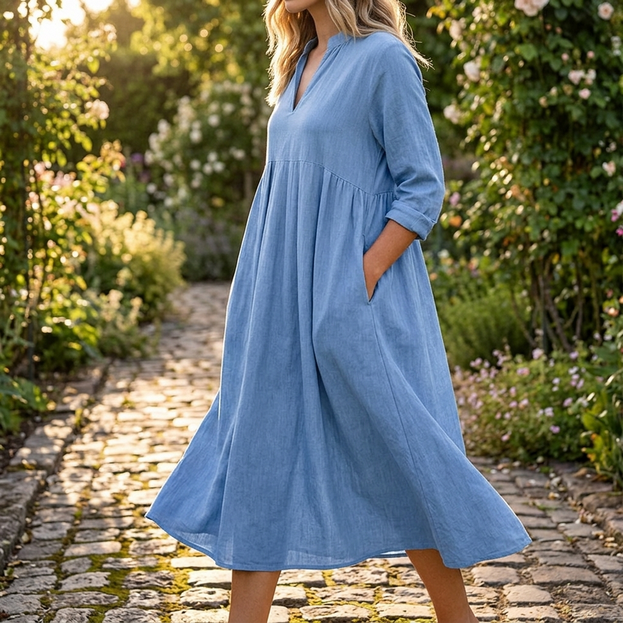 Elara – Women's Soft Cotton Midi Dress with Pockets
