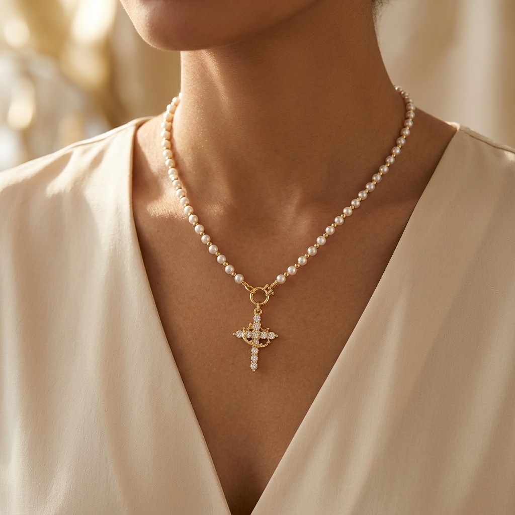 Crownara – Crown Cross Pearl Bead Necklace