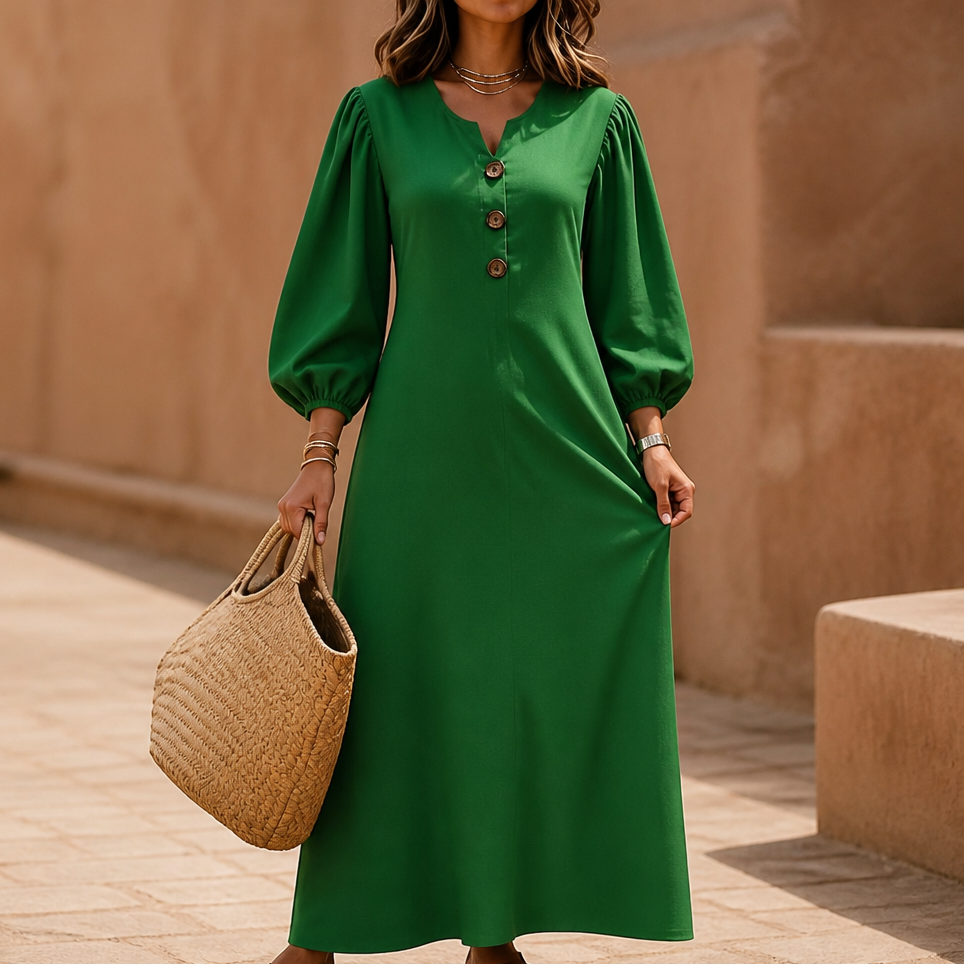 Everdrape – V-Neck Puff Sleeve Pocketed Maxi Dress