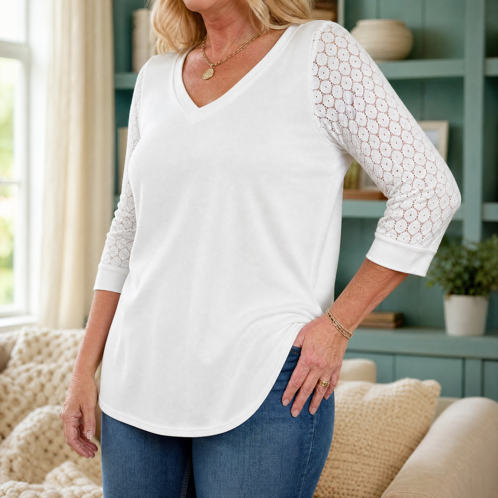 Lumeya – Crochet Lace Sleeve V-Neck Top