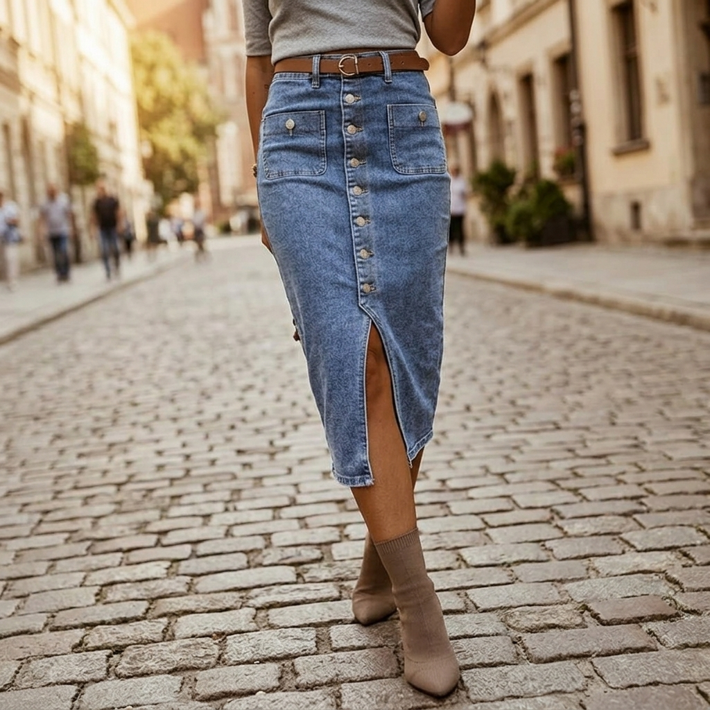 Denara – Button-Front Denim Pencil Skirt