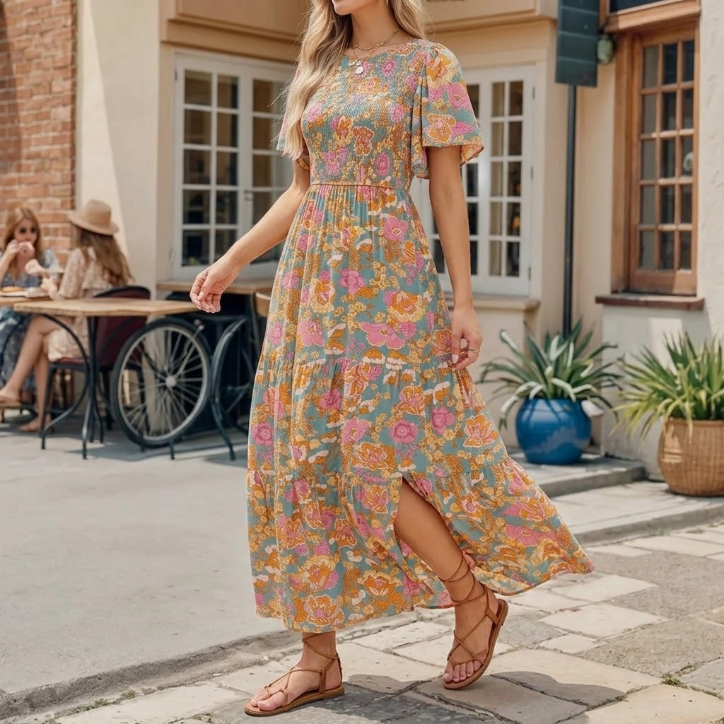 Florenza – Smocked Floral Maxi Dress for Spring