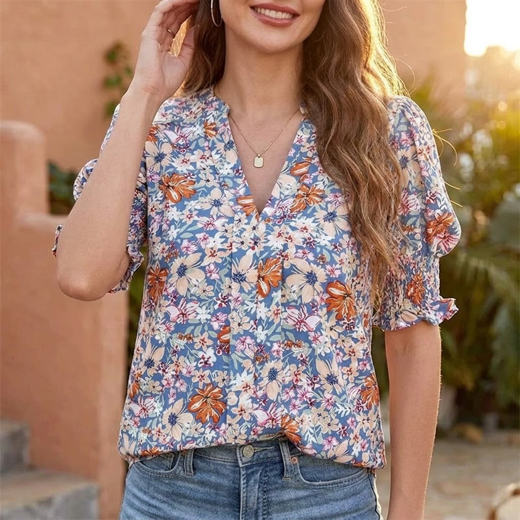 Florenza – Women's Floral Puff Sleeve V-Neck Blouse