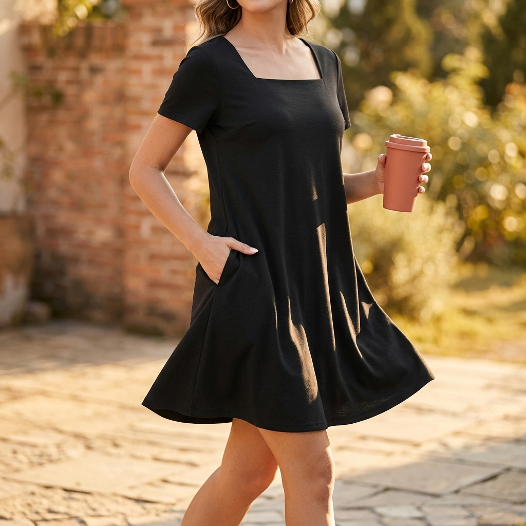 Daylyn – Women's Square Neck Jersey Mini Dress with Pockets
