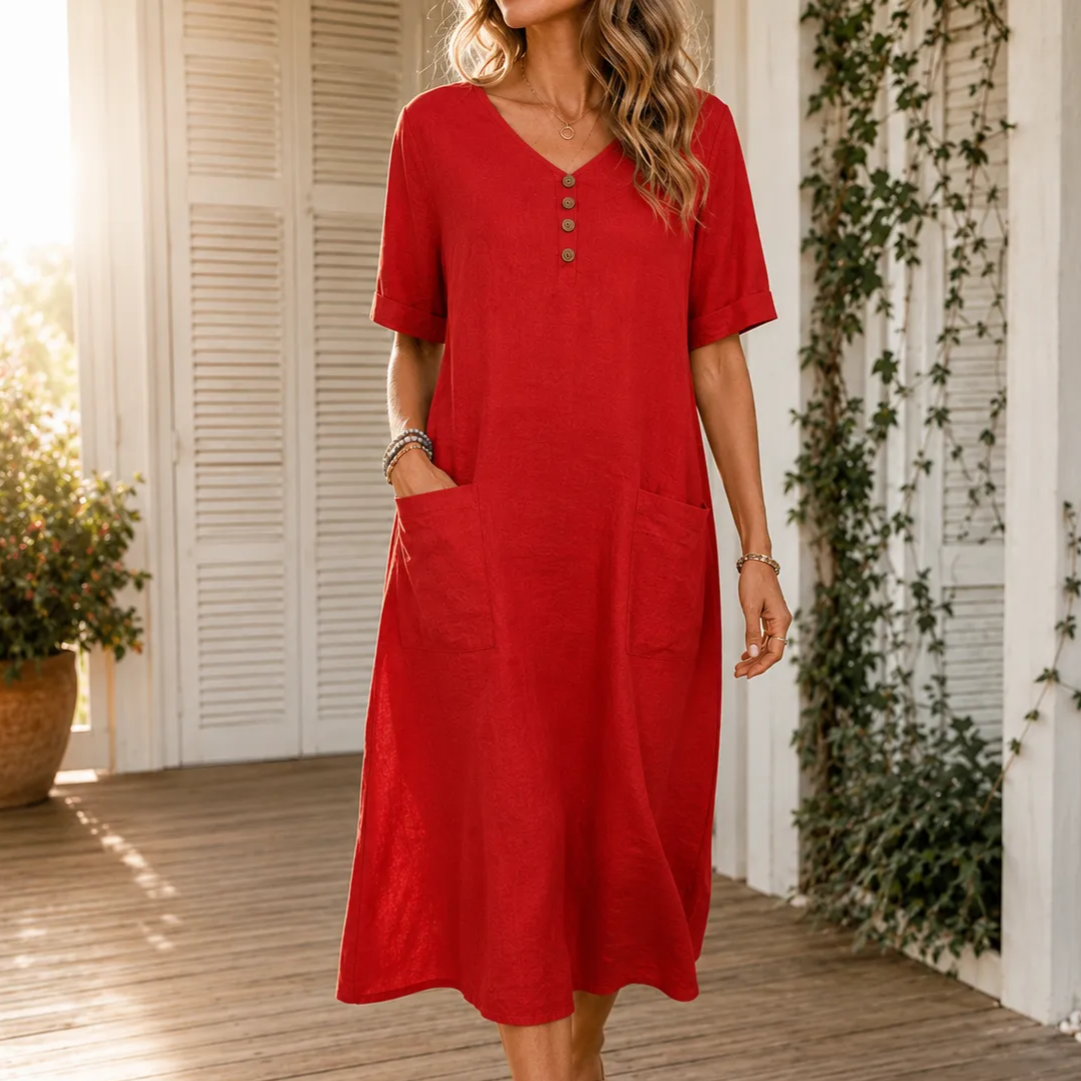 Lorelane – Relaxed V-Neck Midi Dress with Pockets for Women