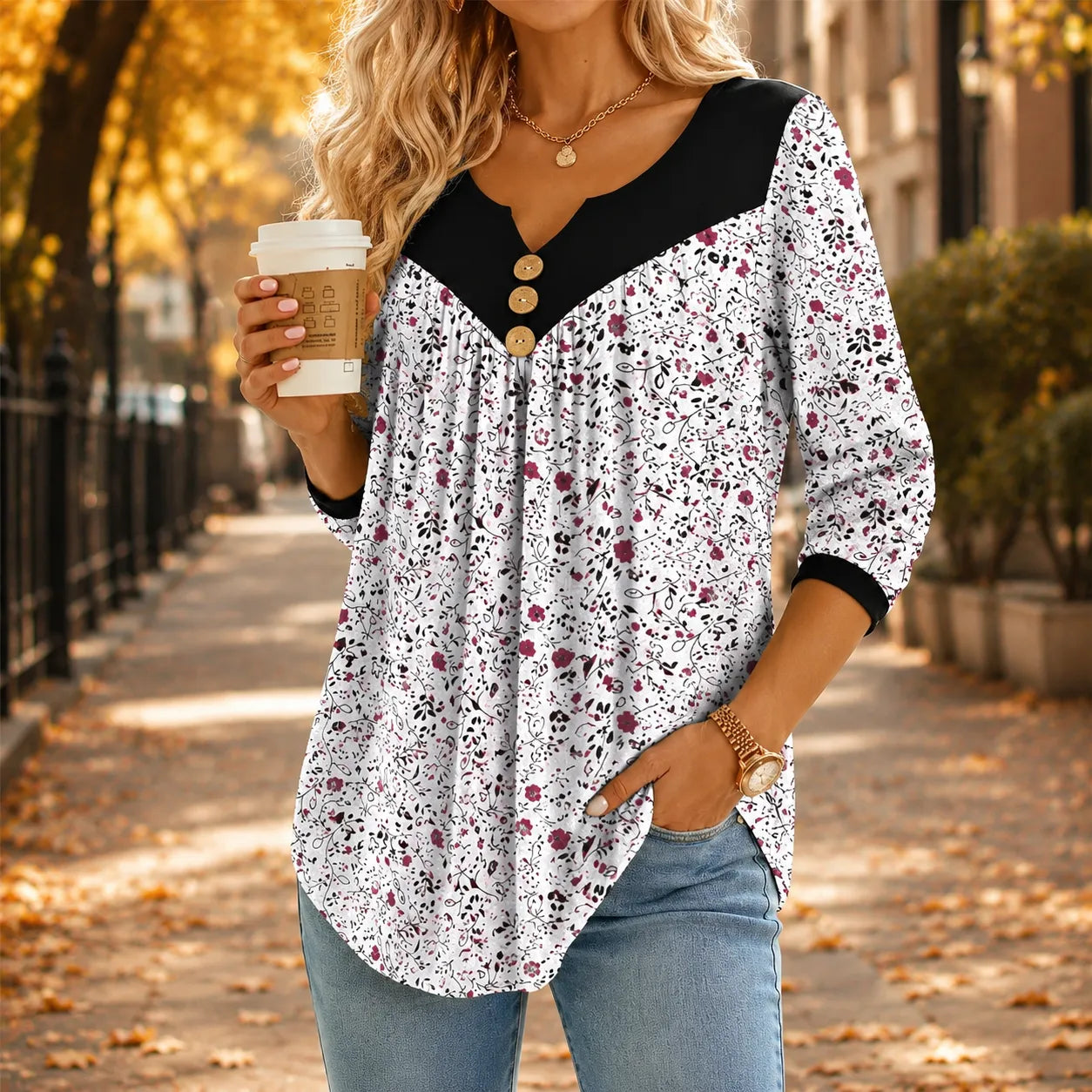 Evelora – Floral V-Neck Tunic Top with Button Yoke