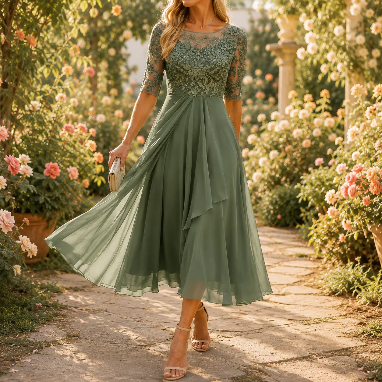 Elarose – Embroidered Lace Bodice Midi Dress for Weddings