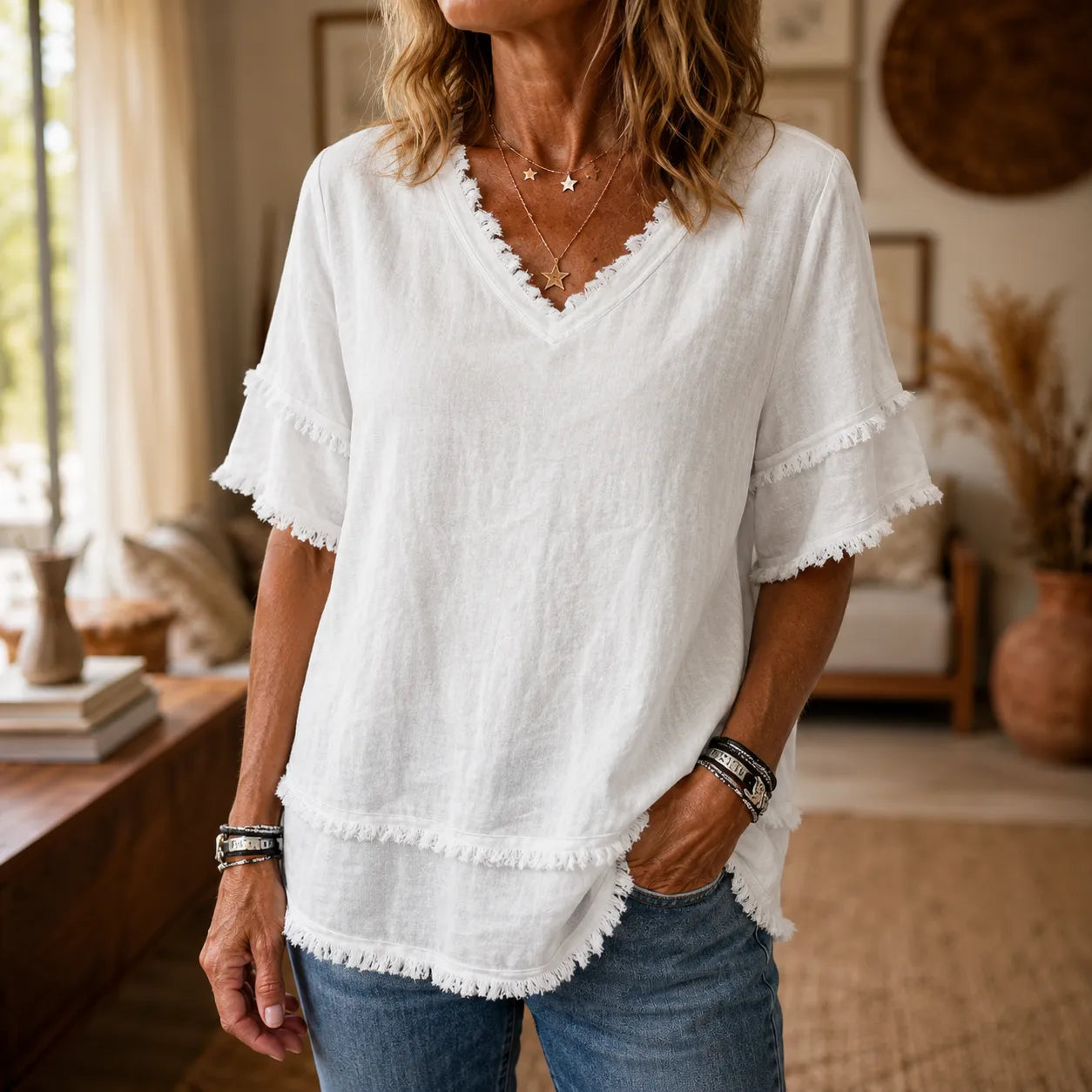Lorelei – Boho Frayed-Trim V-Neck Tee for Women, Loose Tummy-Hiding Fit