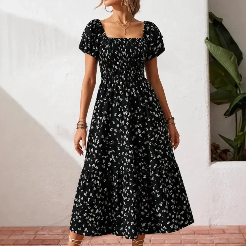 Florenza – Square Neck Floral Midi Dress with Smocked Bodice & Tiered Skirt