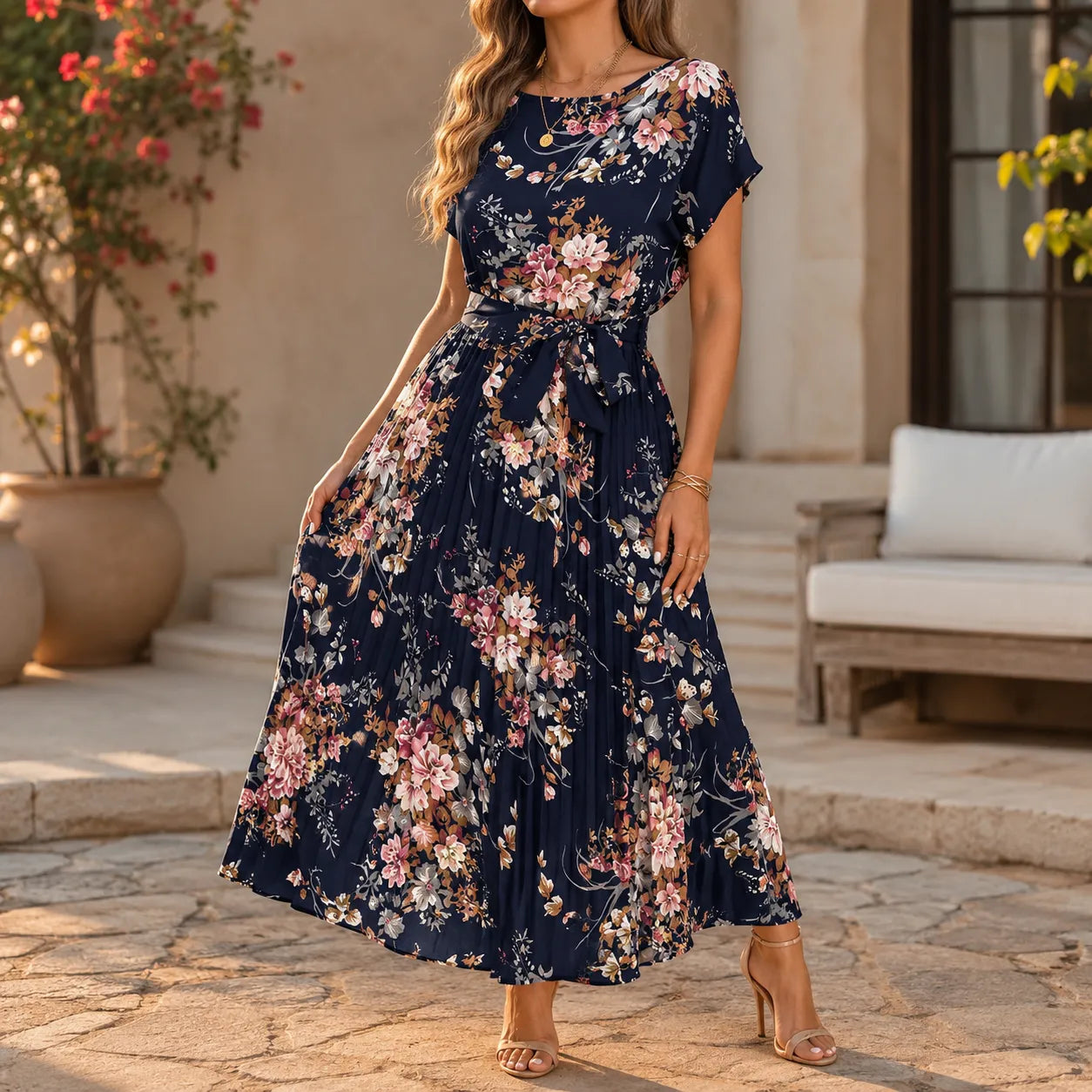 Florenza – Floral Pleated Midi Dress with Tie Waist and Flutter Sleeves