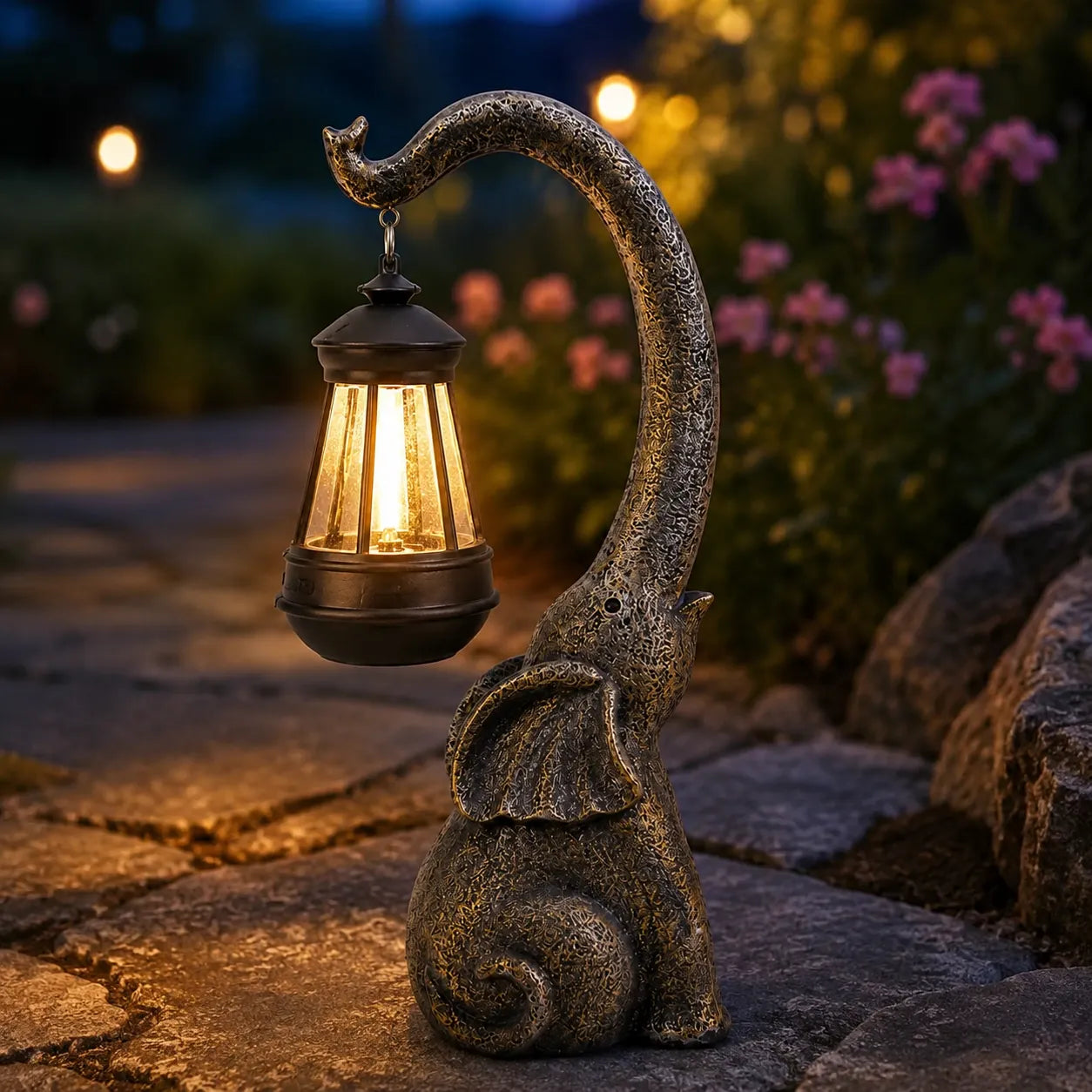 Lumeria – Aged Bronze Look Elephant Solar Lantern Garden Statue