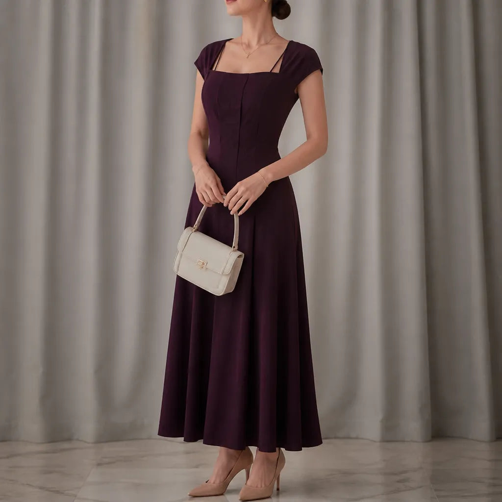 Elowyn – Square Neck A-Line Midi Dress with Sculpted Waist