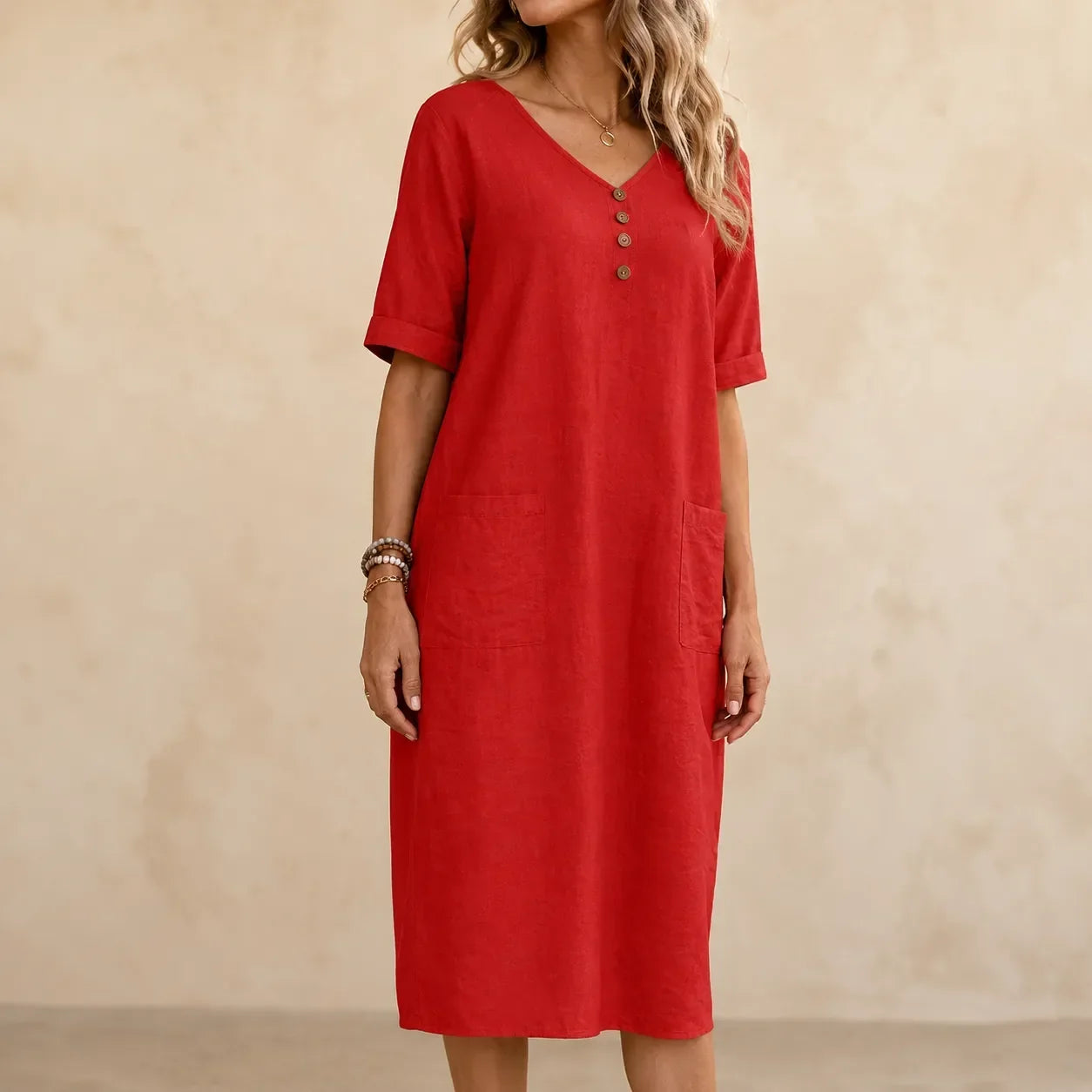 Lorelane – Relaxed V-Neck Midi Dress with Pockets for Women