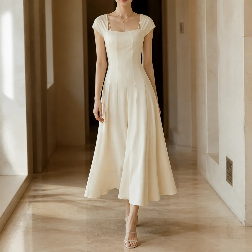 Elowyn – Square Neck A-Line Midi Dress with Sculpted Waist