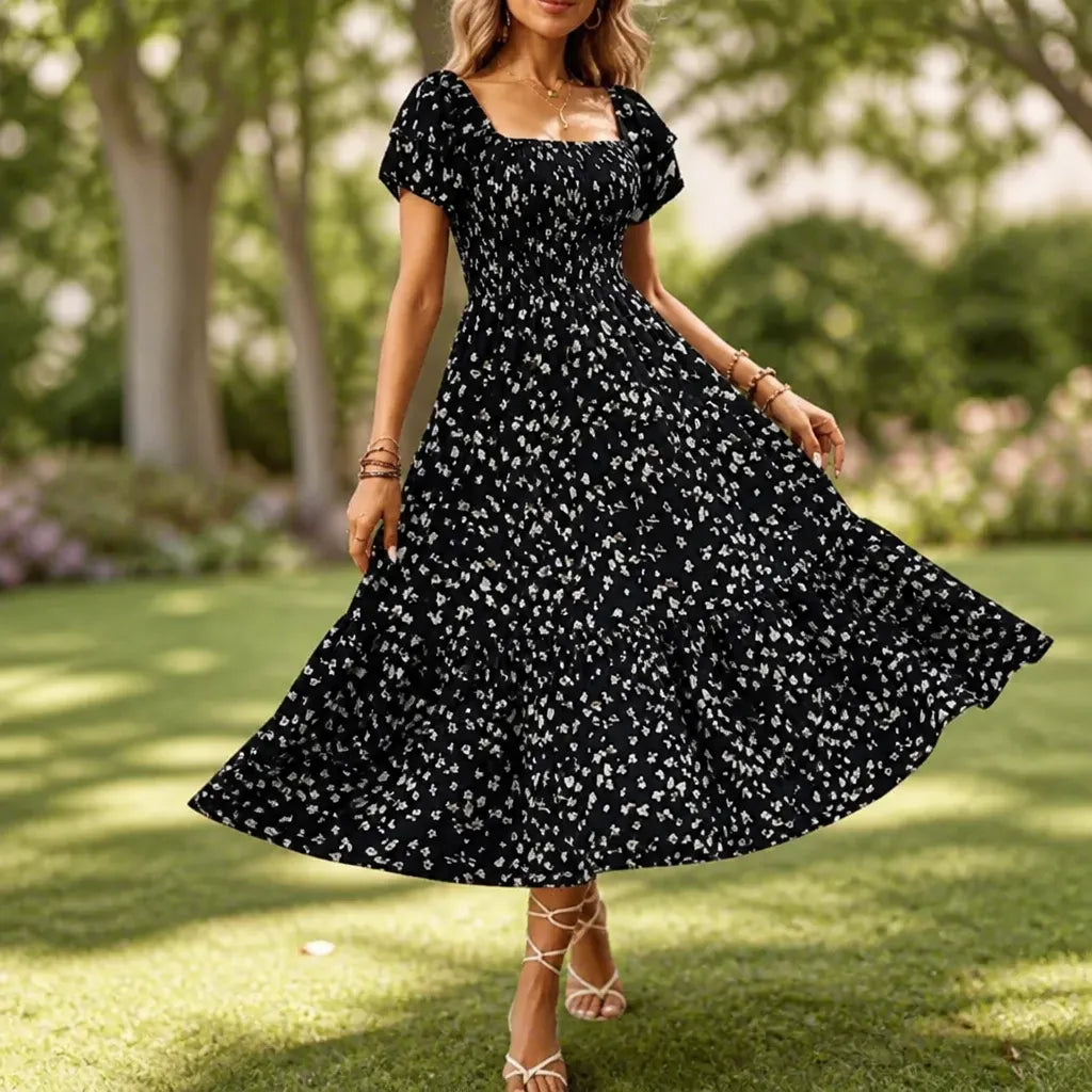 Florenza – Square Neck Floral Midi Dress with Smocked Bodice & Tiered Skirt