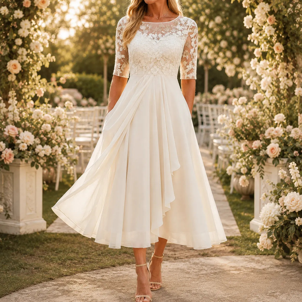 Elarose – Embroidered Lace Bodice Midi Dress for Weddings