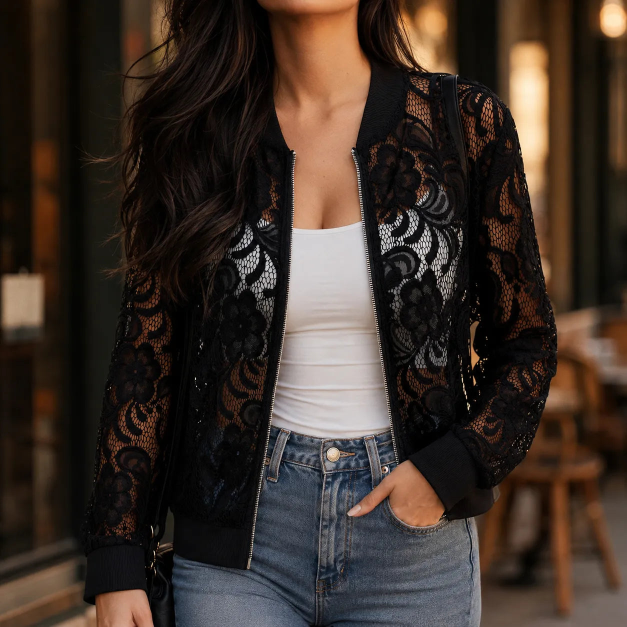 Lacelle – Floral Lace Zip Up Bomber Jacket for Women