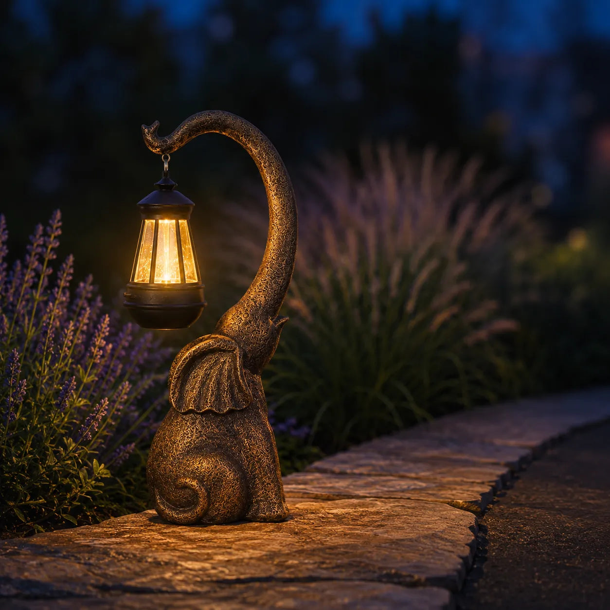 Lumeria – Aged Bronze Look Elephant Solar Lantern Garden Statue