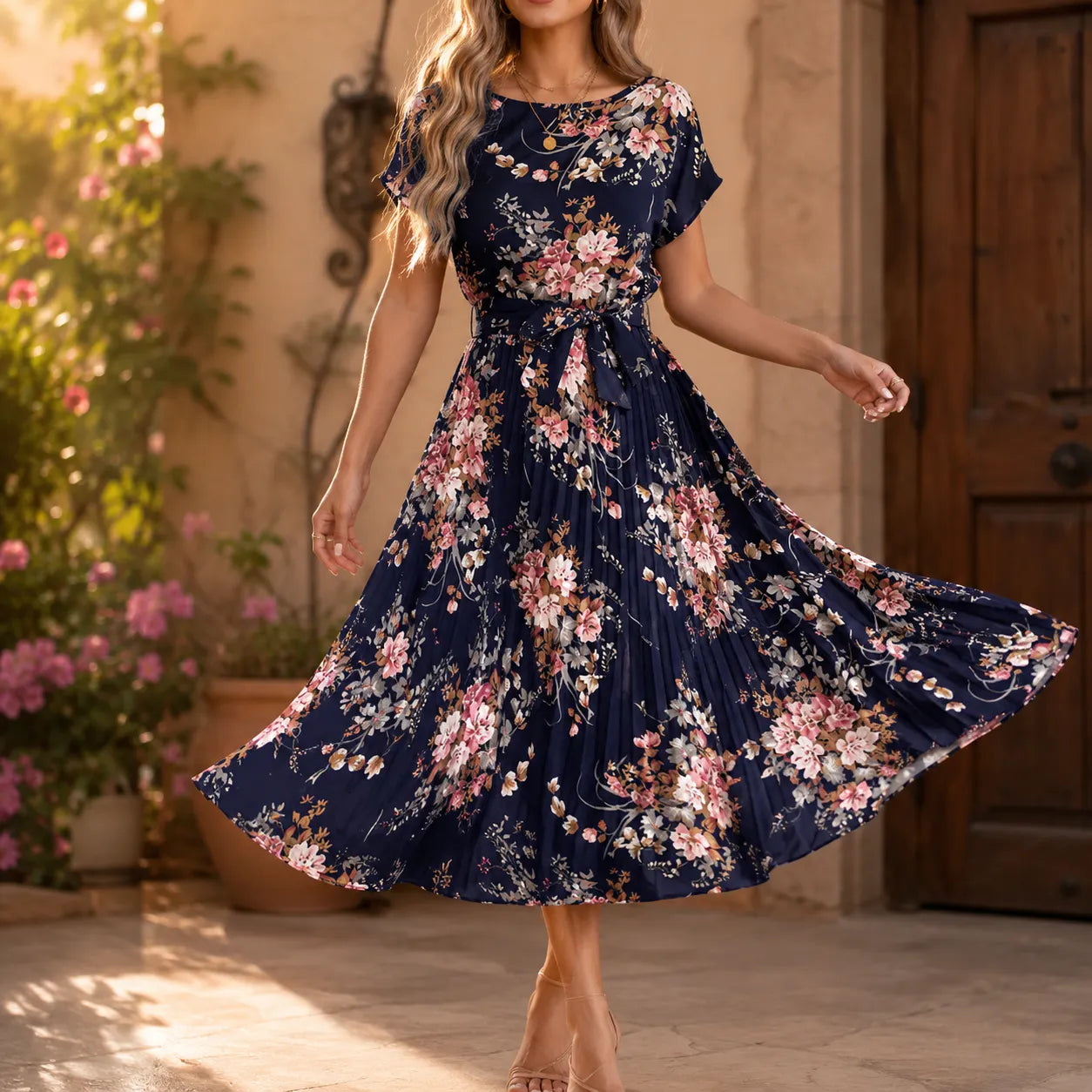 Florenza – Floral Pleated Midi Dress with Tie Waist and Flutter Sleeves