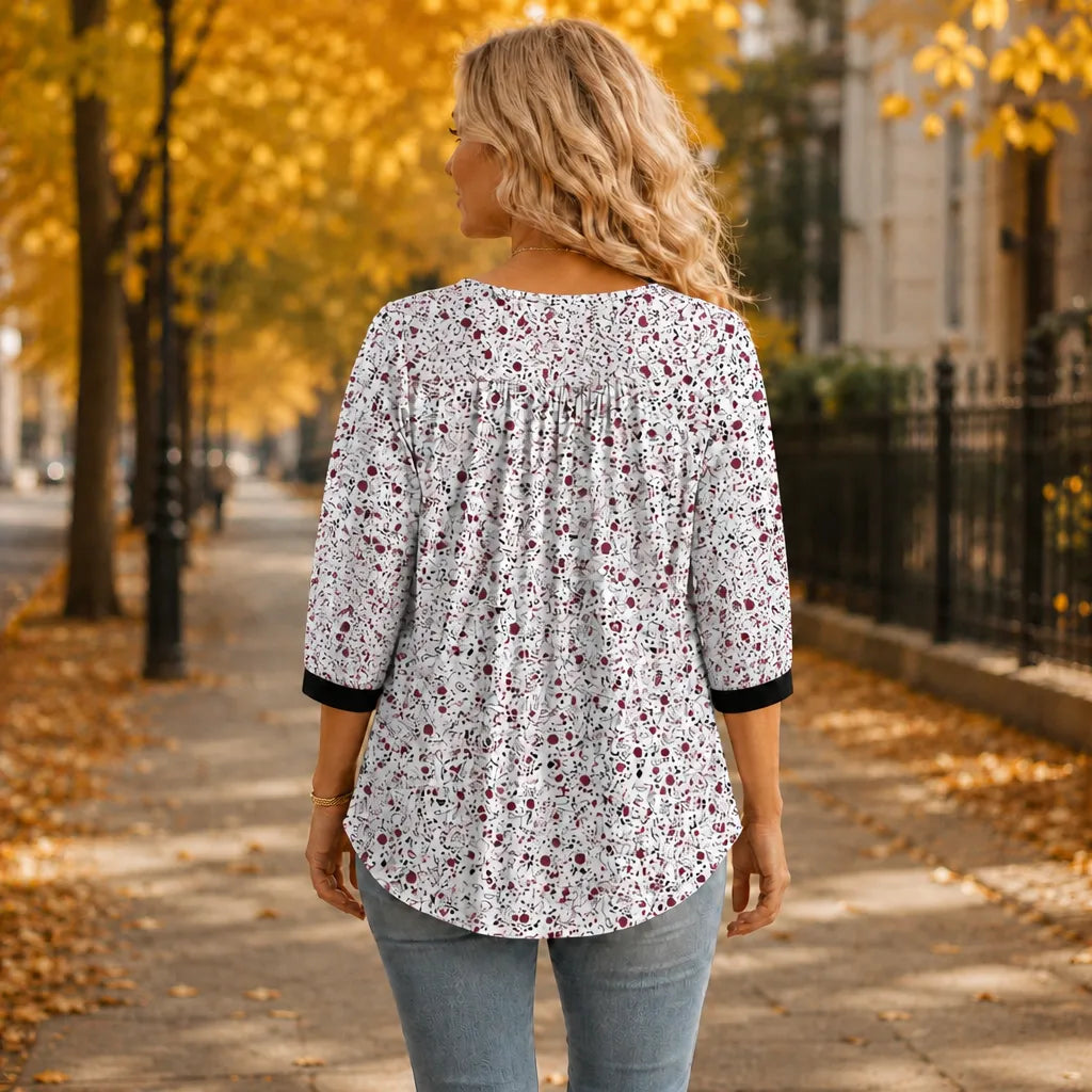 Evelora – Floral V-Neck Tunic Top with Button Yoke