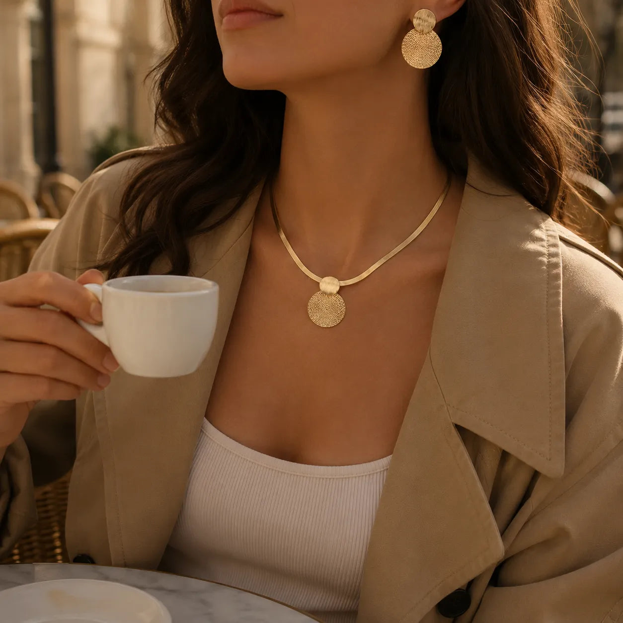 Aurenza – Gold necklace and earring set, textured medallion, flat snake chain
