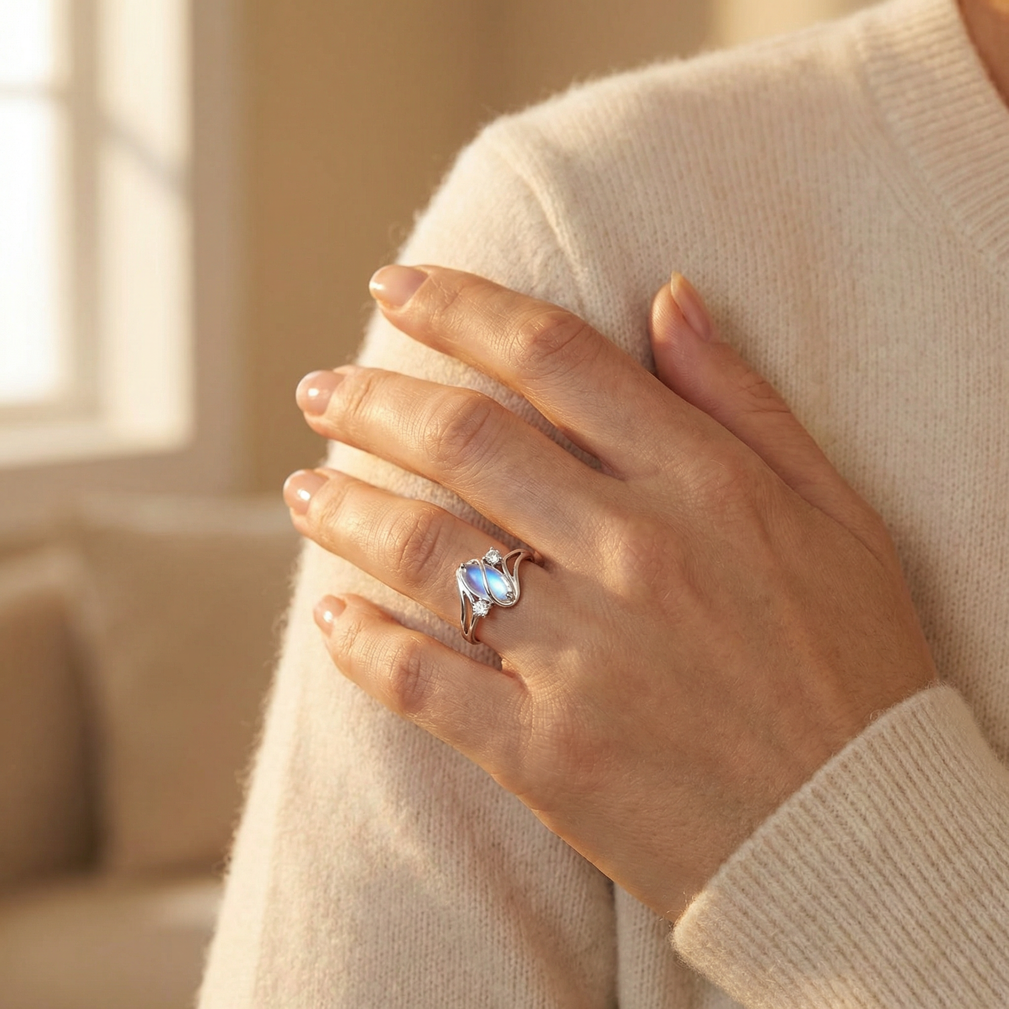 Lunara – Flowing Moonstone Ring with Crystal Accents