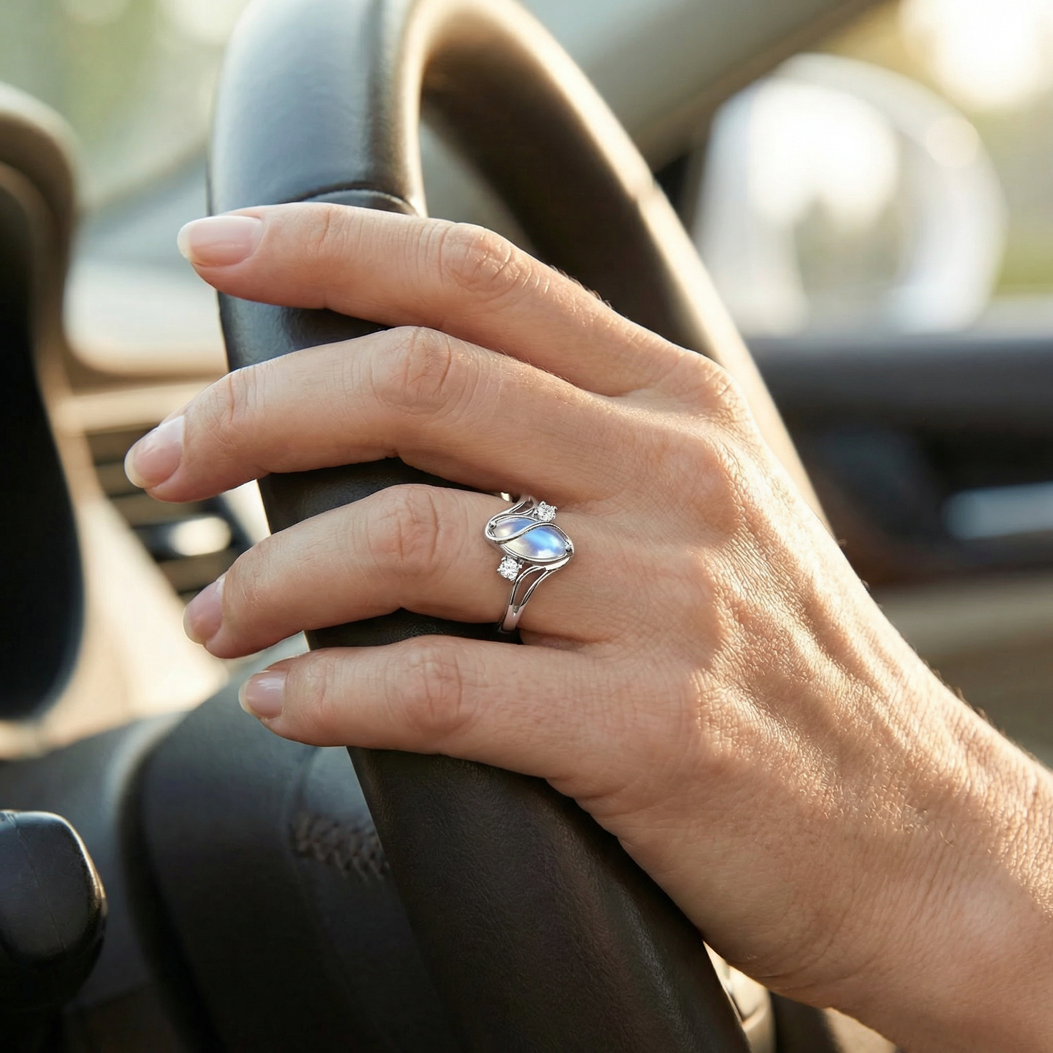 Lunara – Flowing Moonstone Ring with Crystal Accents