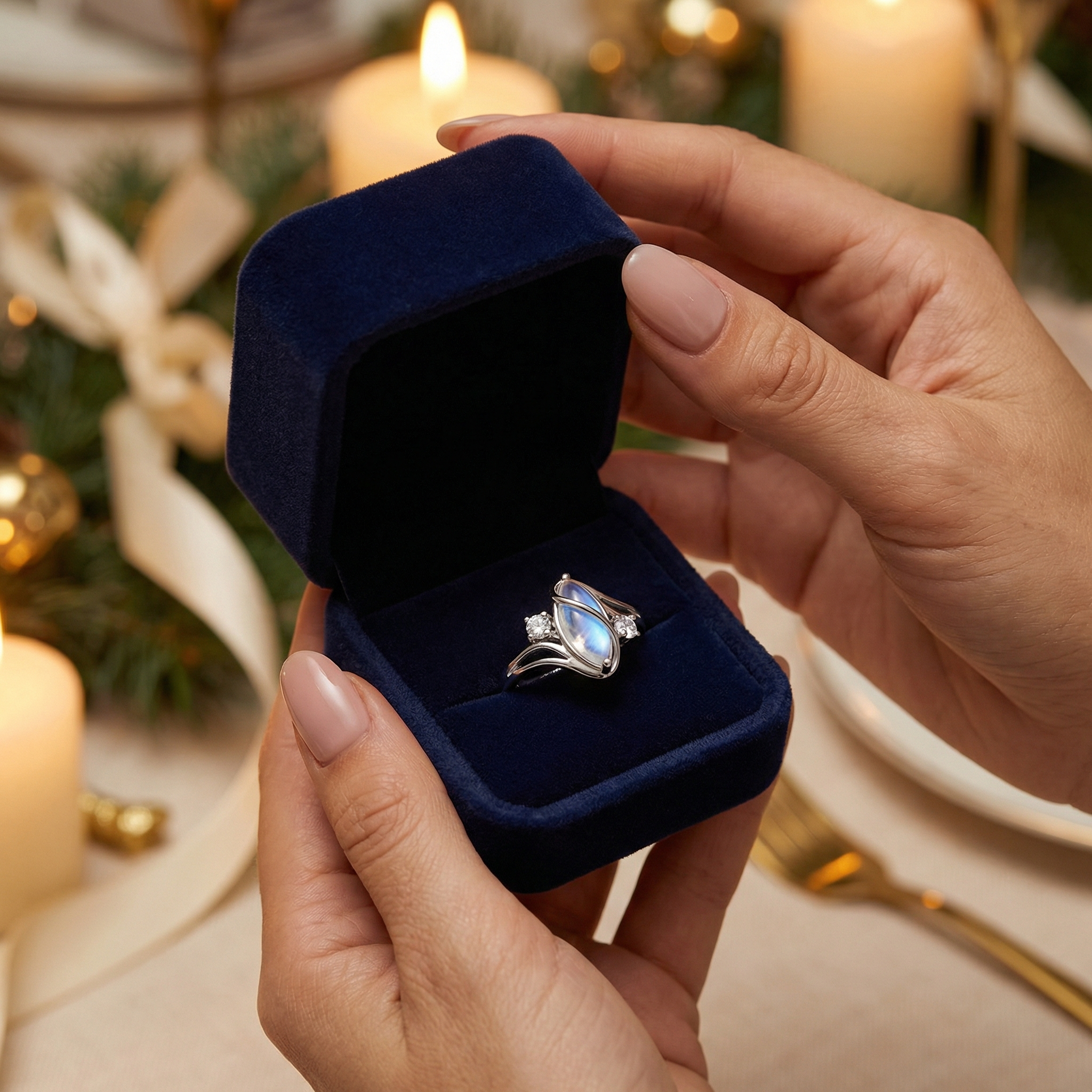 Lunara – Flowing Moonstone Ring with Crystal Accents