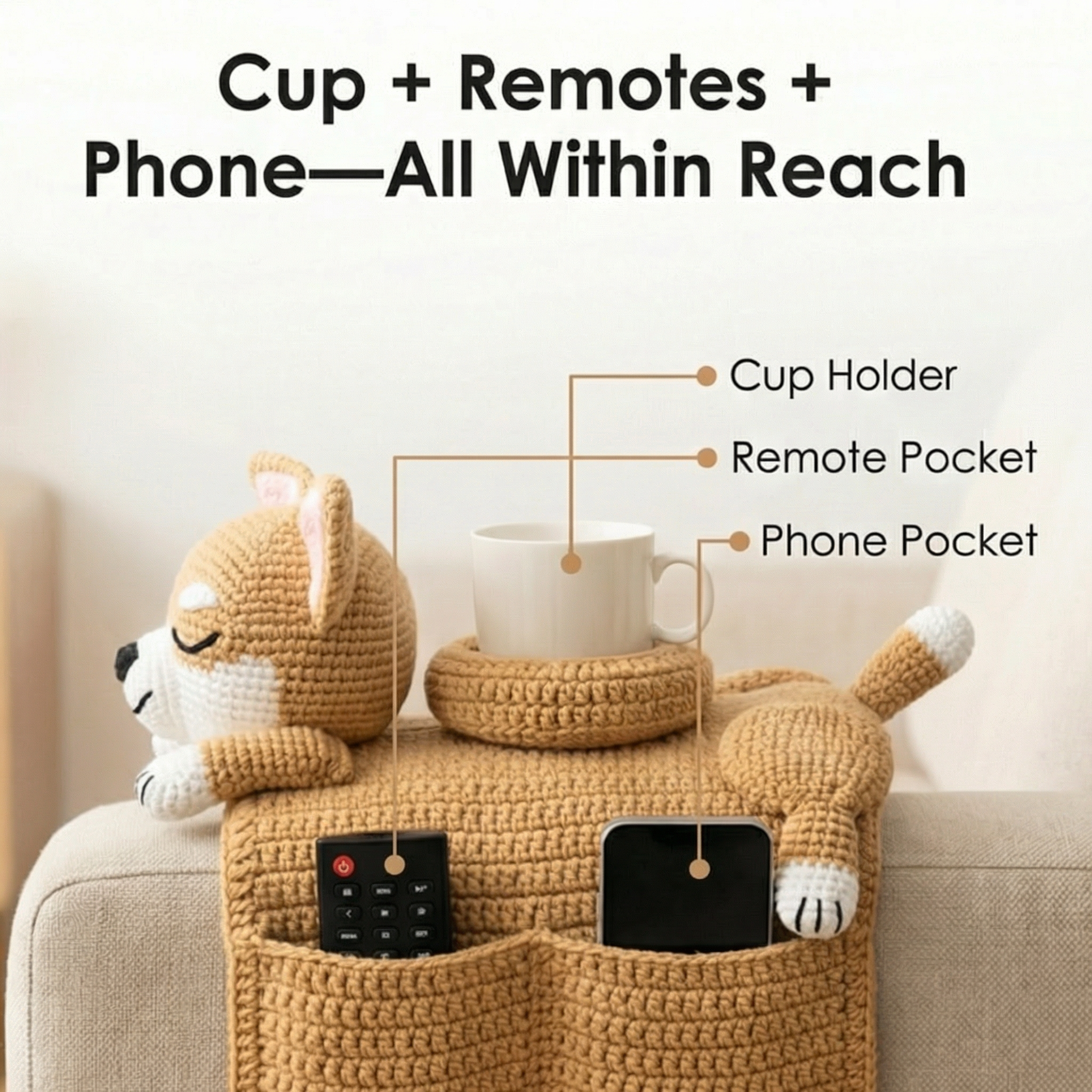 Cozipup – Crochet Dog Armrest Organizer with Cup Holder