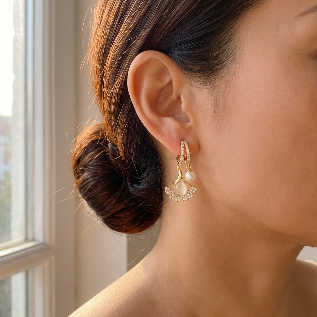Ginara – Crystal Ginkgo Leaf Drop Earrings with Pearl