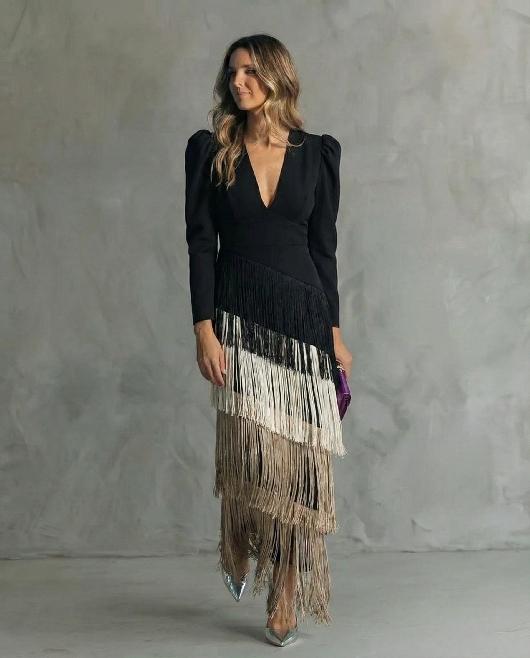 Elara™ | Elegant midi dress with fringe sleeves
