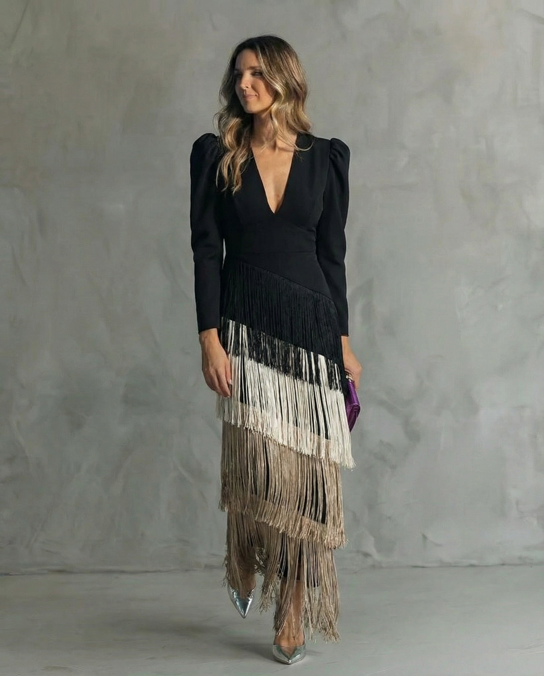 Elara™ | Elegant midi dress with fringe sleeves