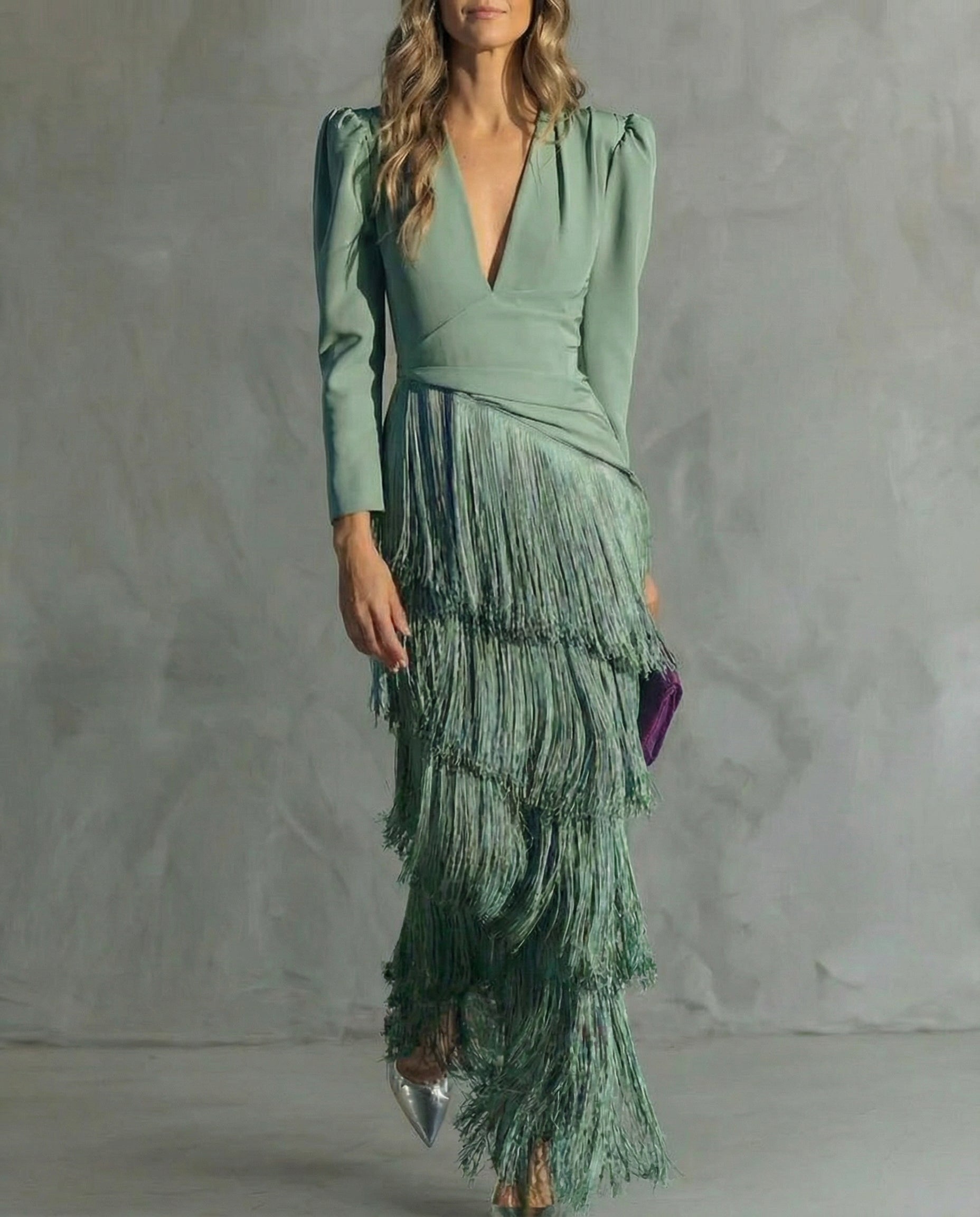Elara™ | Elegant midi dress with fringe sleeves