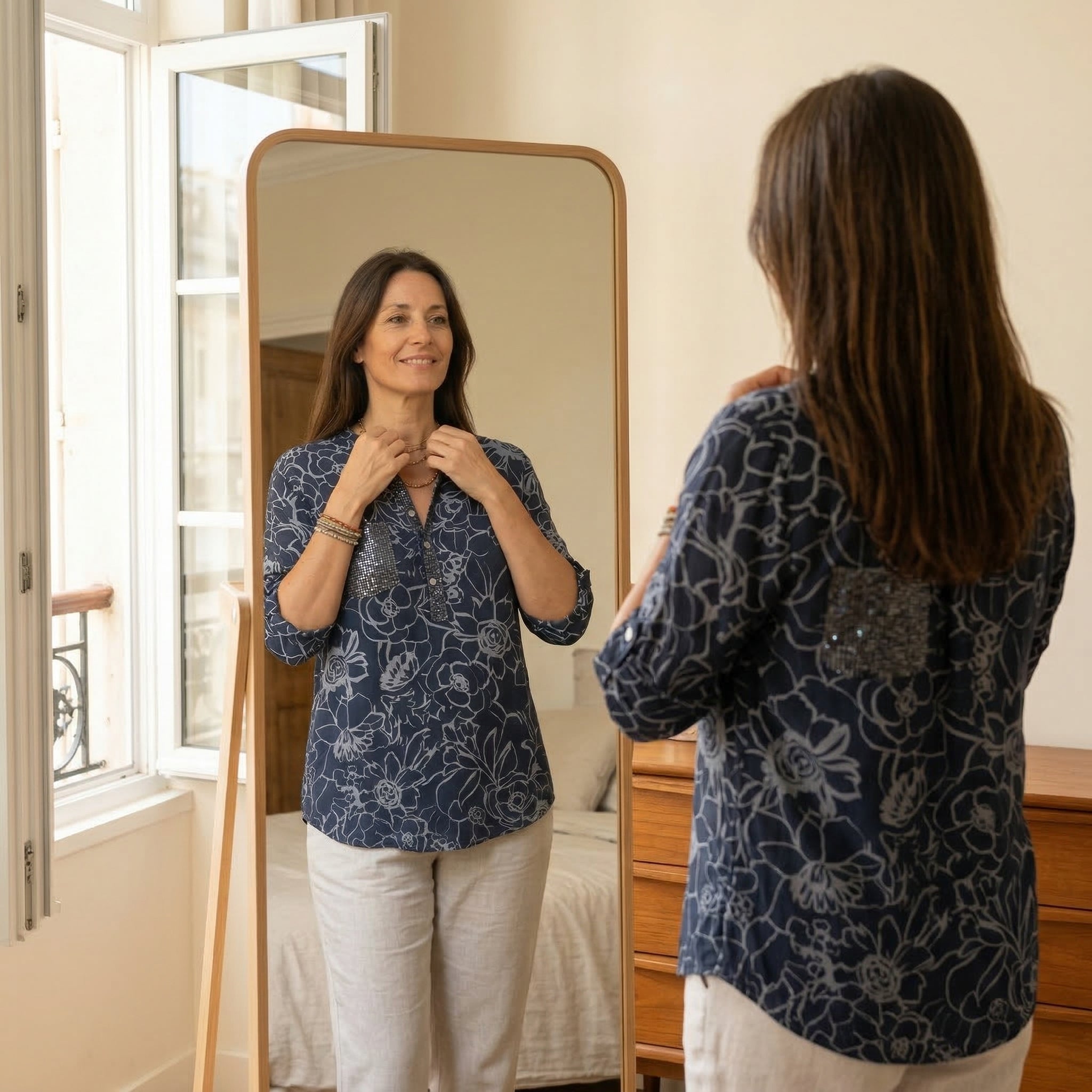 Florenne – Sequin Pocket Floral Blouse for Women