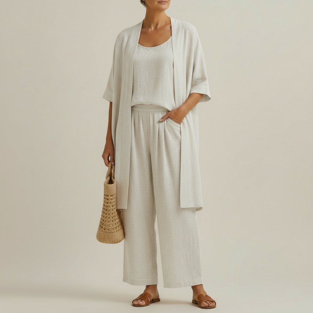 Barbara - Minimalist Set in Linen and Cotton, Composed of Three Pieces