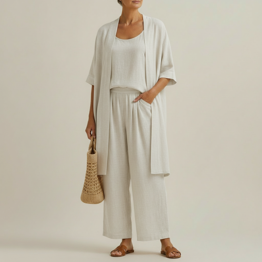 Barbara - Minimalist Set in Linen and Cotton, Composed of Three Pieces