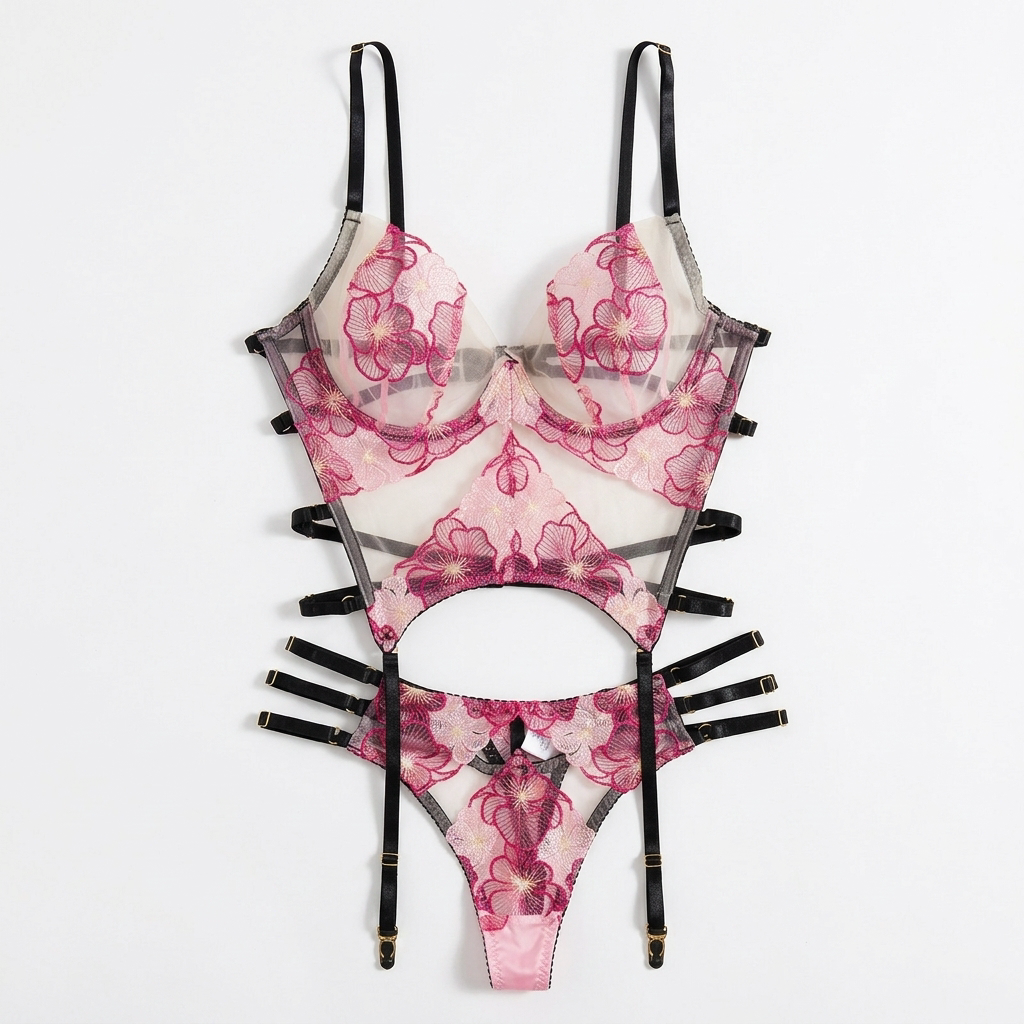 Florenza – Women's Embroidered Floral Lingerie and Garter Set