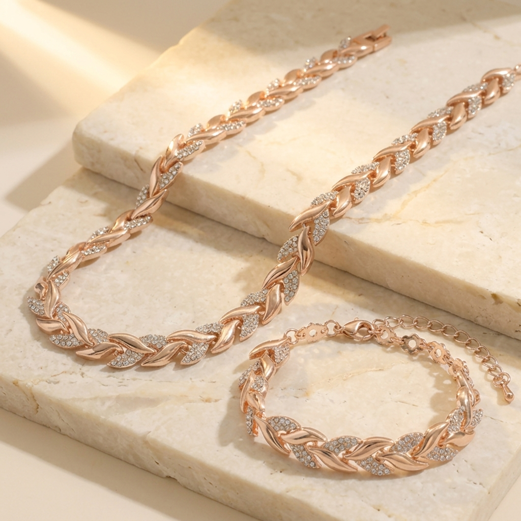 Lumara – Sparkling Leaf Link Necklace and Bracelet Set
